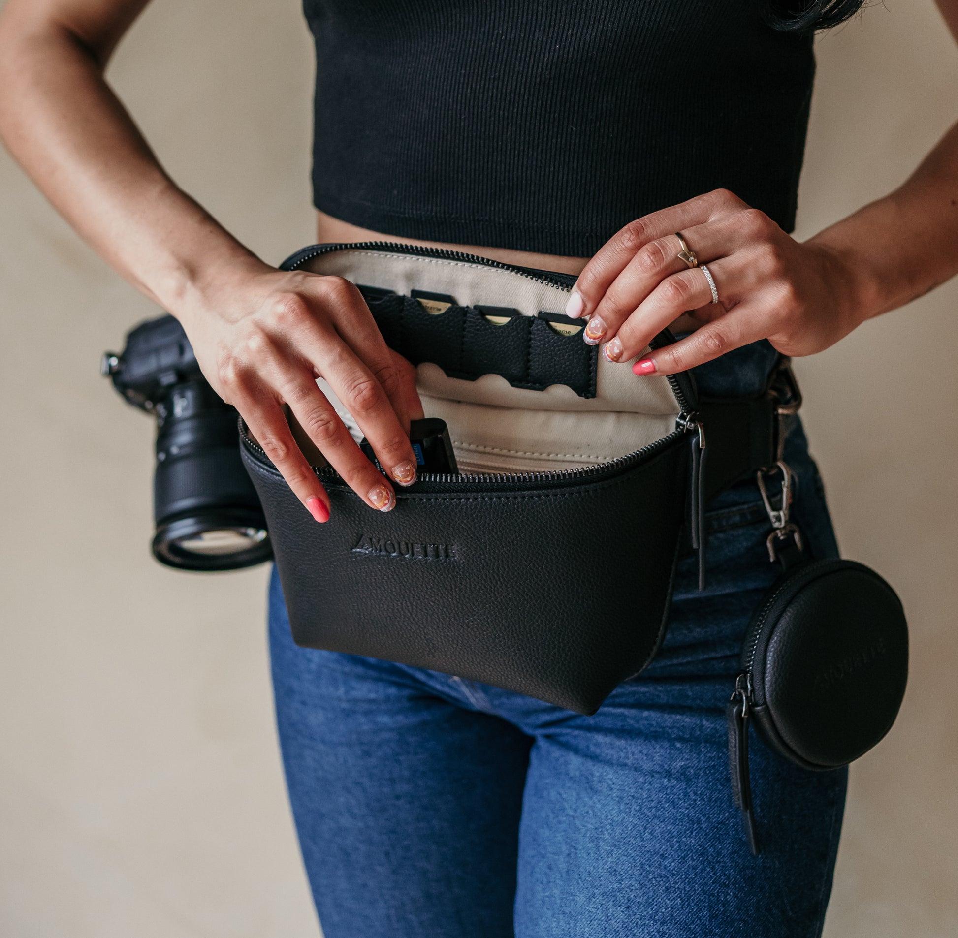 Camera fanny pack voor bruidsfotografen met ruimte voor SD-kaarten en batterijen